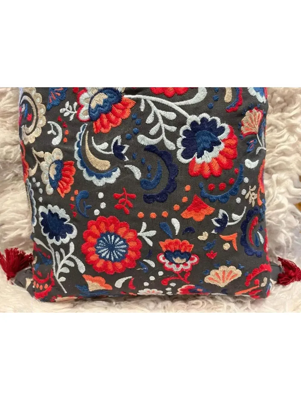 16x26” Gray pink blue boho folk embroidered tassels rectangle down throw pillow